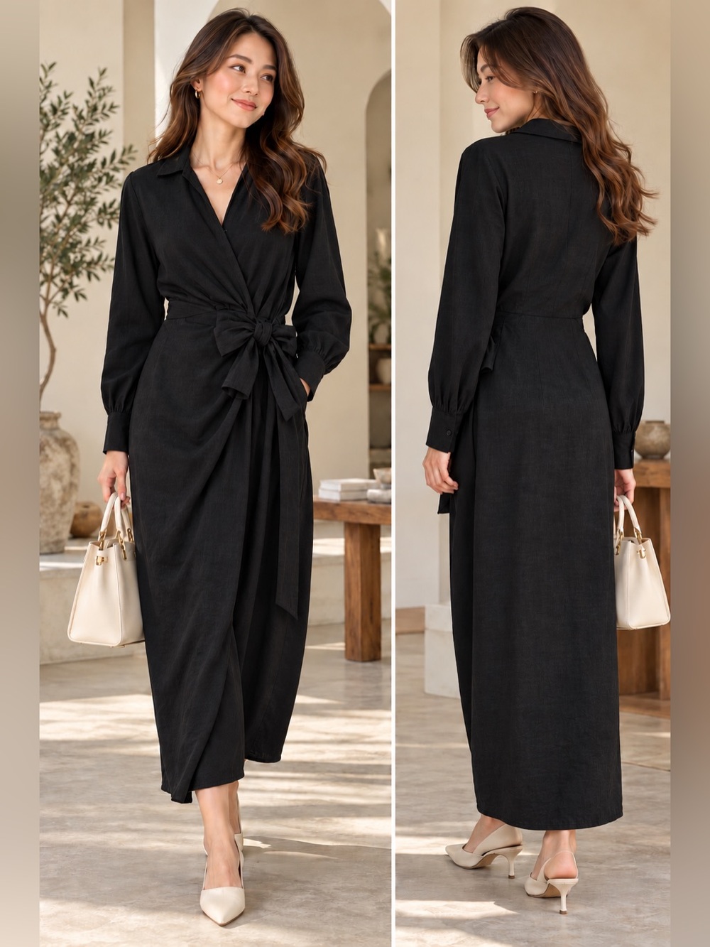 Magaschoni Black 100% Linen Wrap Maxi Dress Size 10
